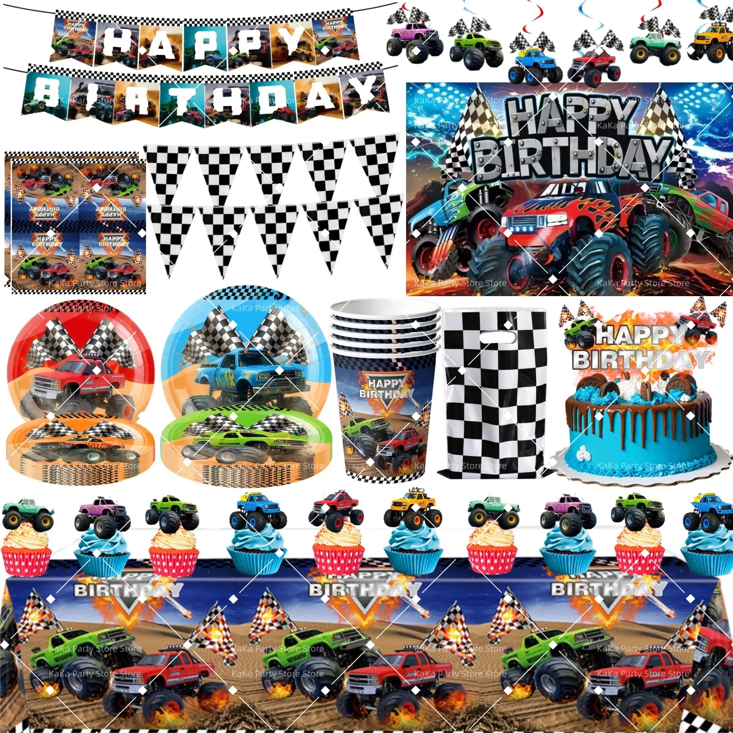 Monster Truck Birthday Party Decoration Tableware Set Tablecloth Plate Cup Napkin Bag banner Racing Car Party Favors Supplies