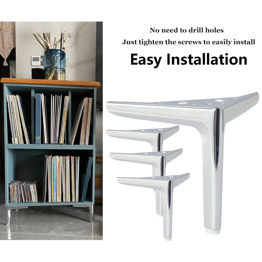 4 pcs Shiny silver metal furniture legs, easy to install with screws, suitable for sofas, dressing tables, cabinets, etc.