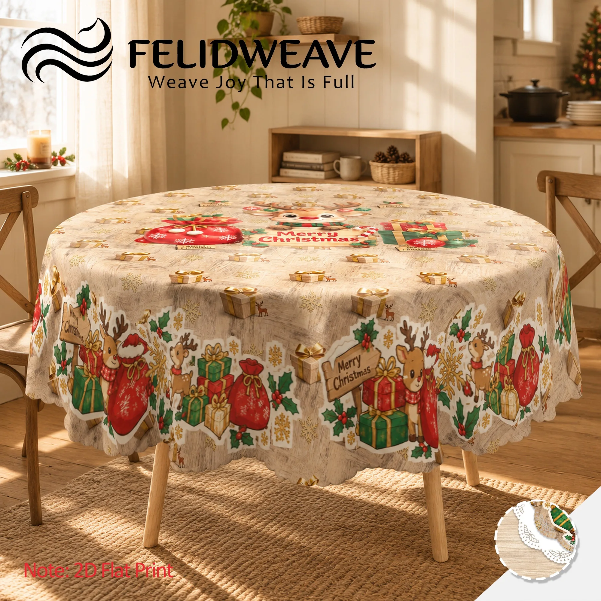 Christmas Cute Reindeer Gift Box Merry Christmas Signage Red Green Gold Round Polyester Tablecloth