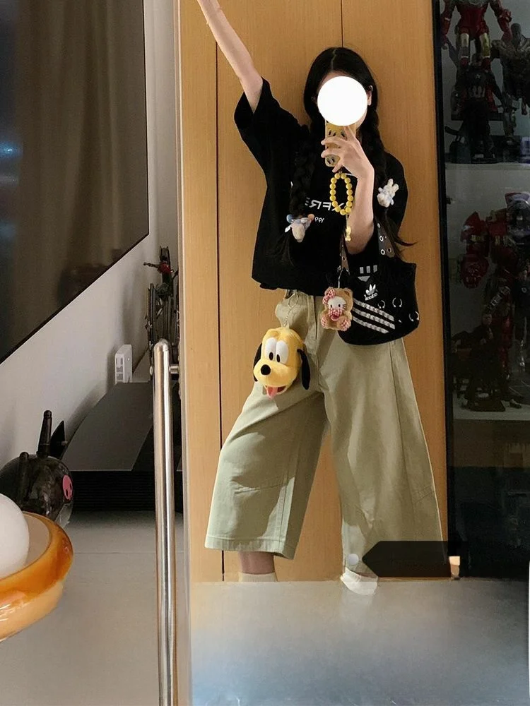 

Брюки женские с высокой талией, драпированные, цвета хаки, широкие, свободного кроя, для работы, джинсы семифутовые, осенне-зимние, новая модная коллекция, стройнящие