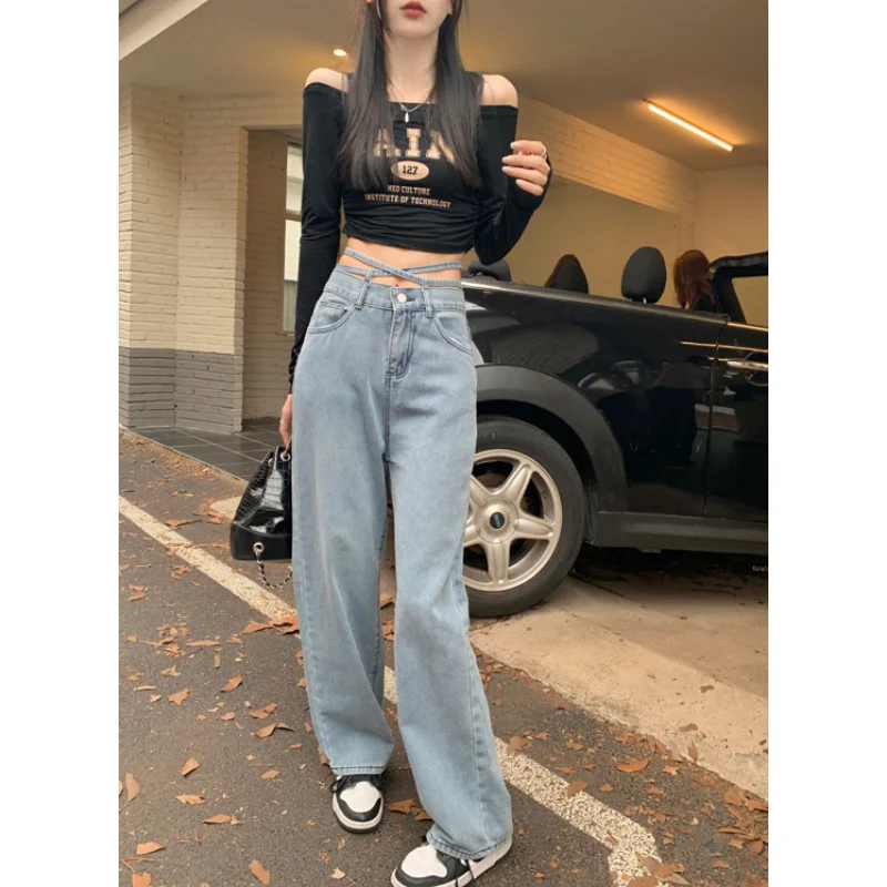 

Women Blue Jeans Cargo Pants Streetwear High Waist American Wide Leg Pants Fashion Y2K Female Spring Straight Solid Trousers