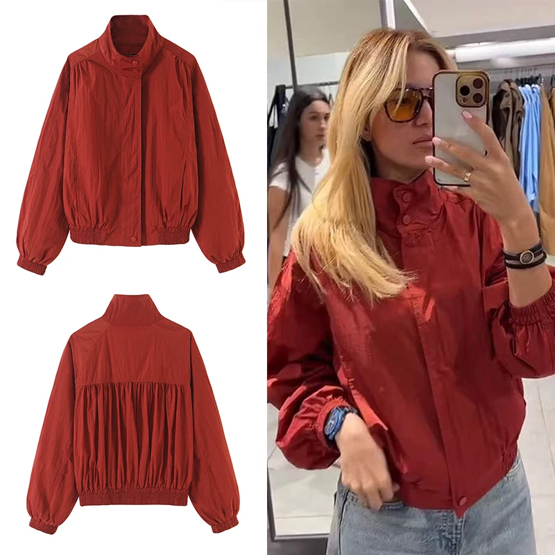 Guobioziy 2026 Autumn Women Cropped Stand Collar Jacket Snap Button Front Gathered Shoulder Relaxed Fit Street Style Outerwear