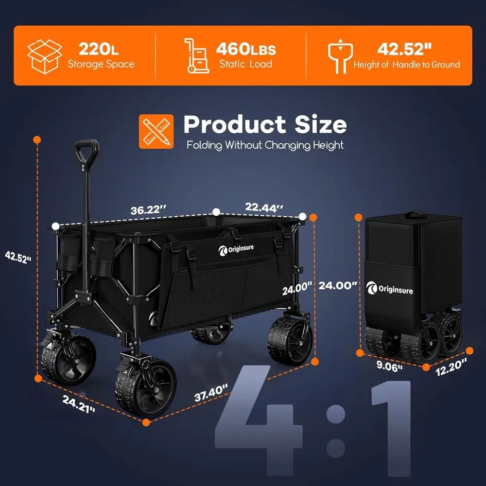 Collapsible Wagon with 460lbs Capacity, 220L, All-Terrain Wheels, Utility Cart for Beach, Groceries, Camping, Sports