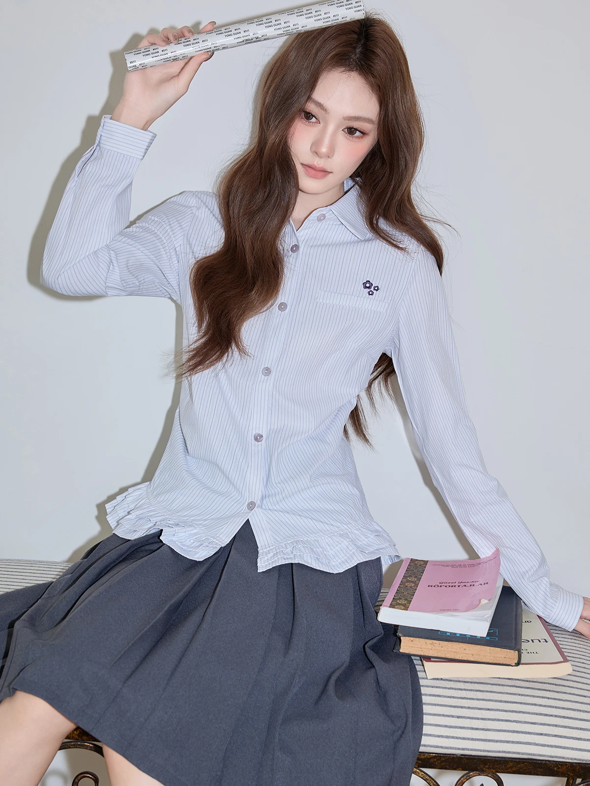 

Синяя полосатая женская блузка с длинным рукавом, приталенного кроя, в корейском стиле, весенняя новинка, с эффектом утяжки на талии, от Meining