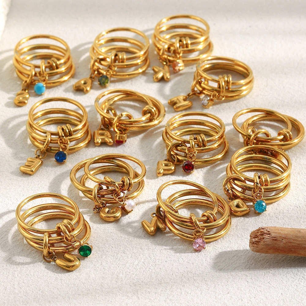 

E.B.belle Customize DIY Handmade Birthstone Letters Pendant Three Layers Gold Ring PVD Plated Stainless Steel Women Jewelry