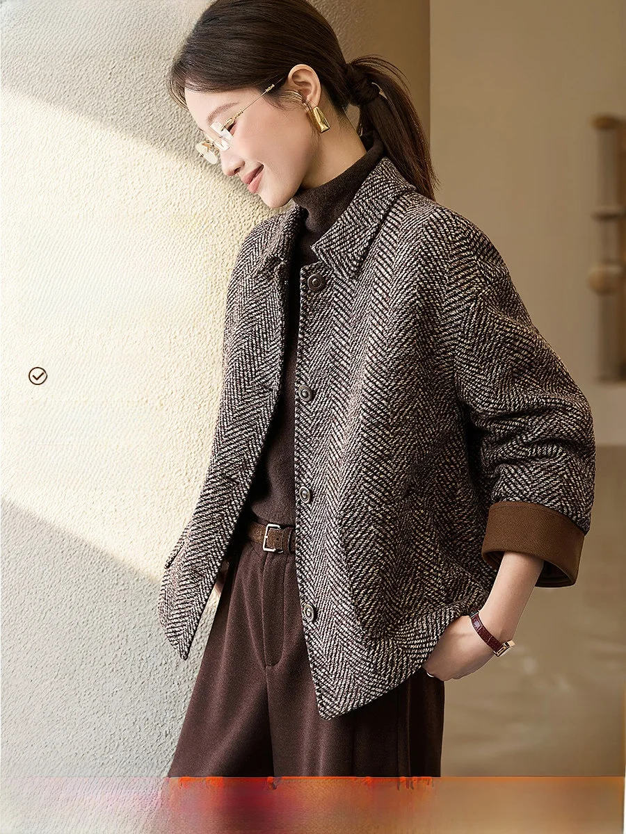 

Mo Han Mei Wool Blend Houtooth High nce Winter Jaet Vintage Warm Sli Floing Cotton Quilted Coat