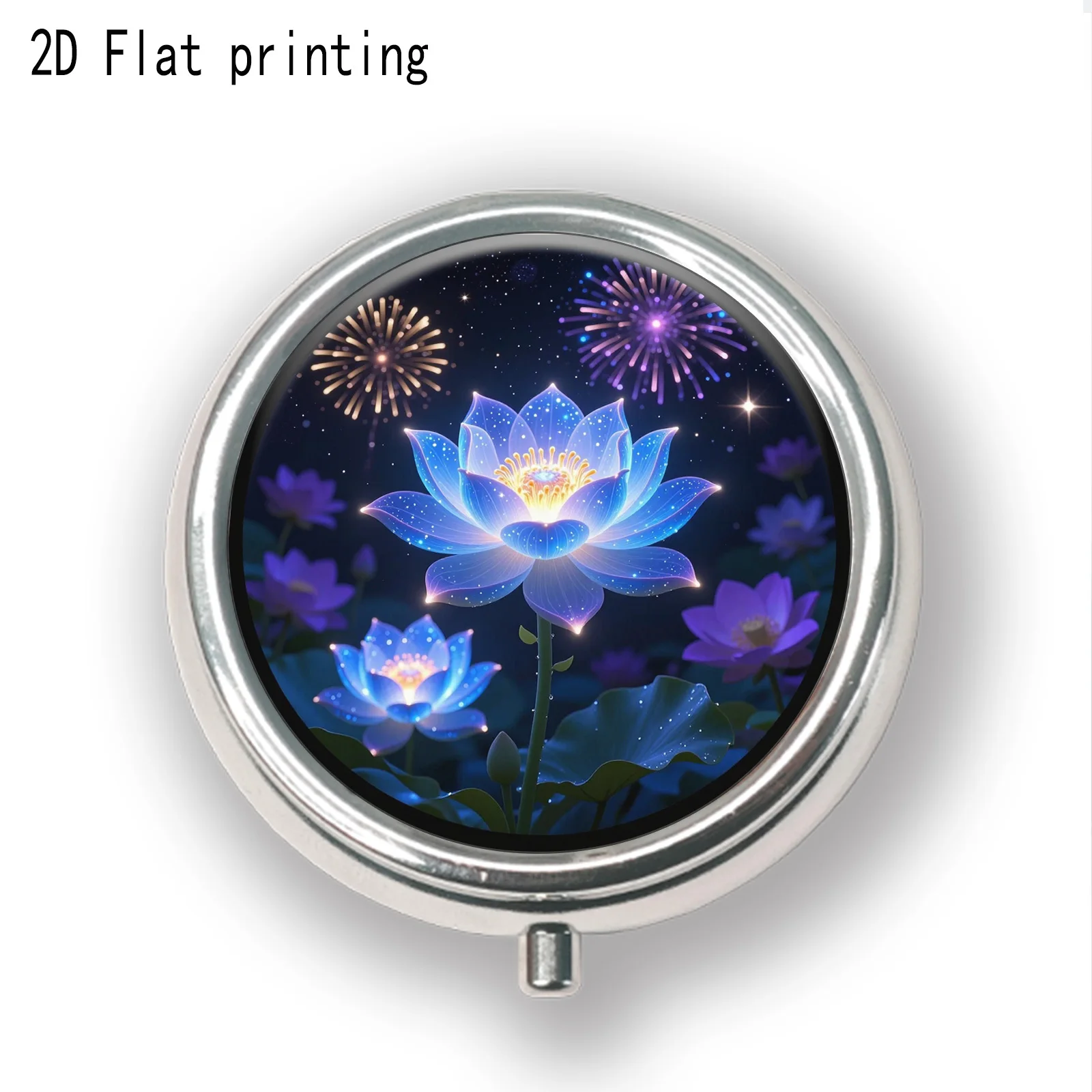 Single-piece dark night blue lotus pattern three-compartment portable pill box, printed on one side with a flat design. Suitable for placing in a handbag or purse, it is a multifunctional small accessory organizer, an essential travel organizer, and an ideal gift choice, flat design
