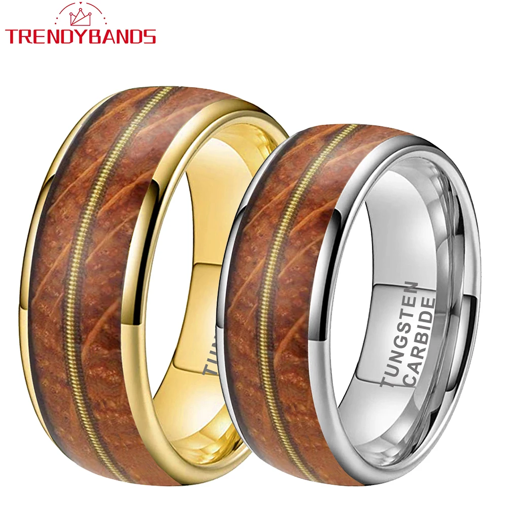 

8mm Whisky Barrel Oak Wood Guitar String Inlay Tungsten Ring for Men Women Fashion Engagement Wedding Band Polished Shiny