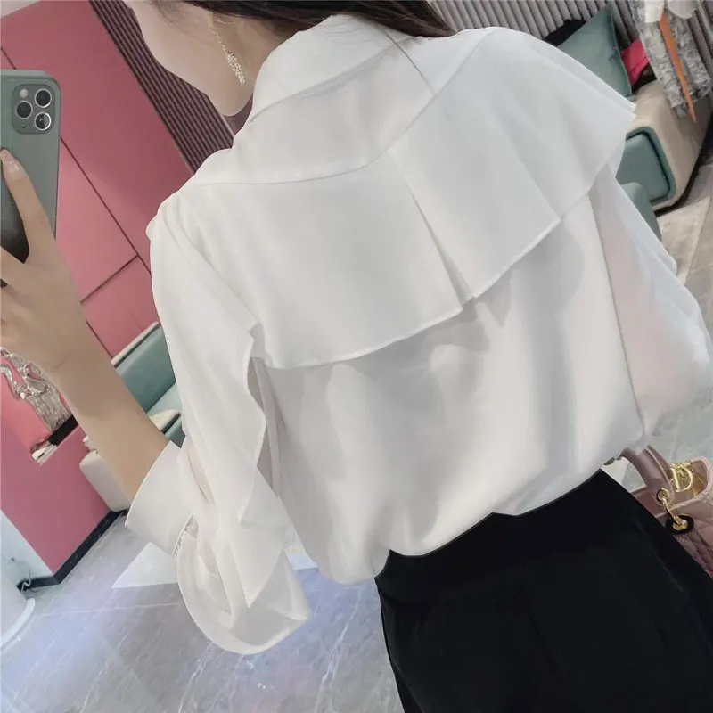 Spring Summer Commute Ruffles Spliced Shirt Female Clothing Turn-down Collar Stylish Lace Hollow Out Chic Single-breasted Blouse