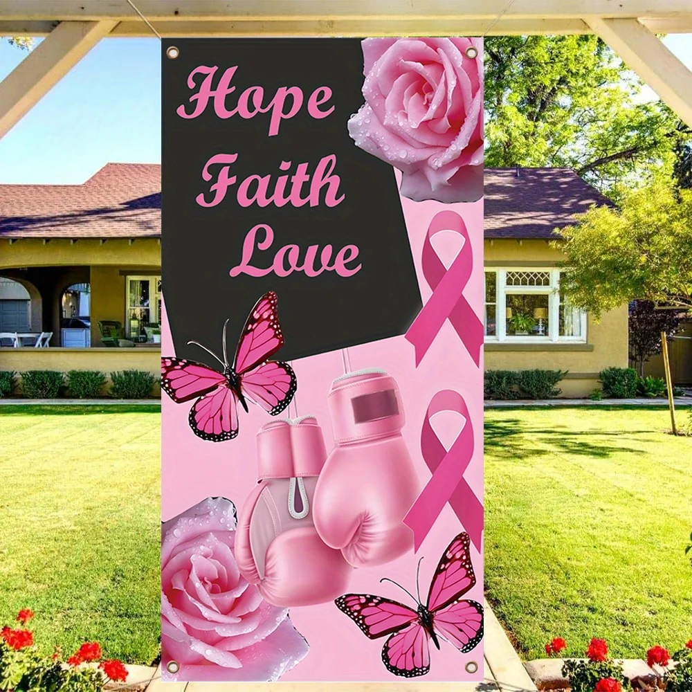 1 bannière rose de sensibilisation au cancer du sein, panneau de porche, espoir, force, courage, foi, ruban rose, bannière de porte, fournitures de fête