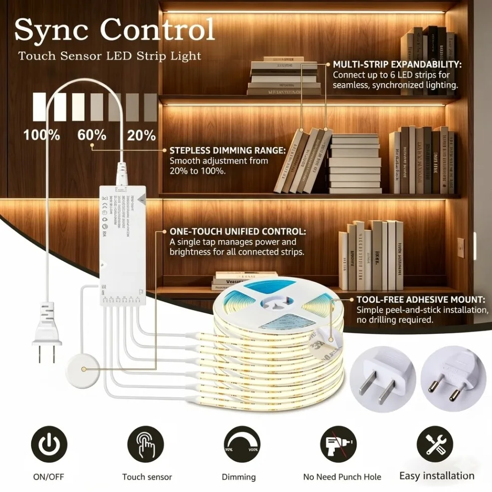 DC12V COB LED Strip Sync Control Sensor Switch 320LEDs/M with Power Supply for Kitchen Pantry Showcase Bedroom Closet Backlight