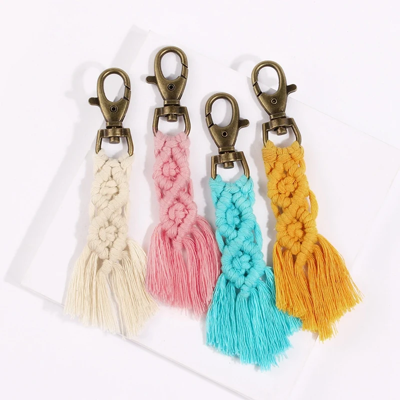 Mini macrame chaveiros kits boho macrame chaveiros com borlas feitos à mão para chave do carro bolsa telefone carteira presente de casamento