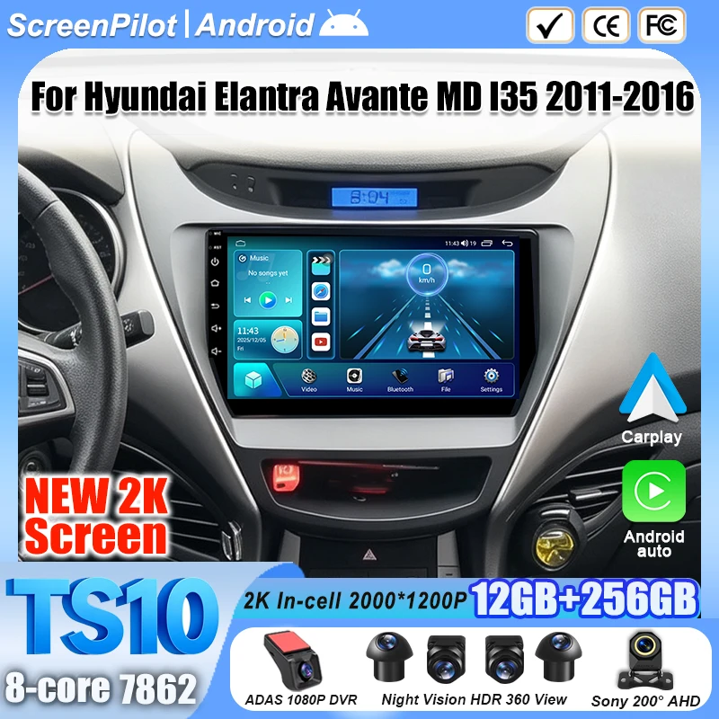 Android 16 For Hyundai Elantra Avante MD I35 2011-2016 Car Radio Stereo Head Unit  Multimedia Video Player2K QLED 9 Inch 8 Core