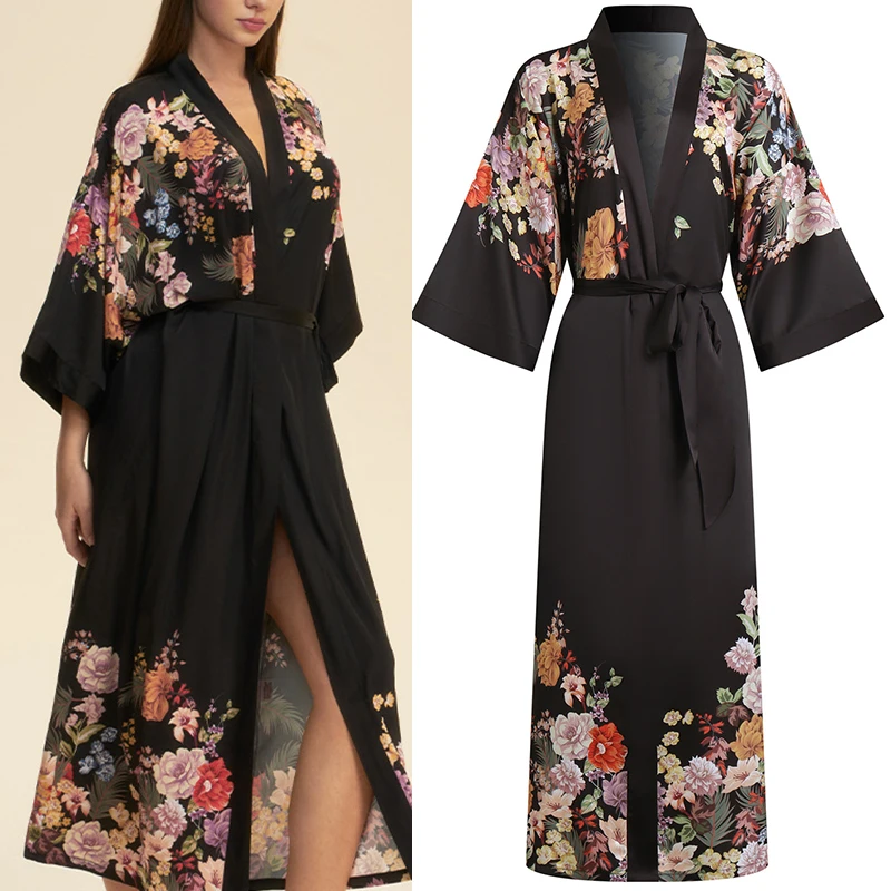 

Elegant Print Flower Long Robe Kimono Bathrobe Gown Plus Size Female Sleepwear Nightgown Loose Home Dress Loungewear Pajamas