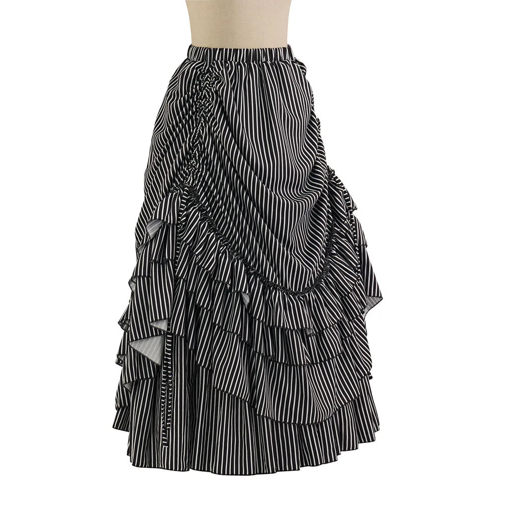 Lady Gothic Steampunk Stripe Skirt Vintage Bustle Dress Costume Ruffled High Waisted Long Victorian Skirts view 4