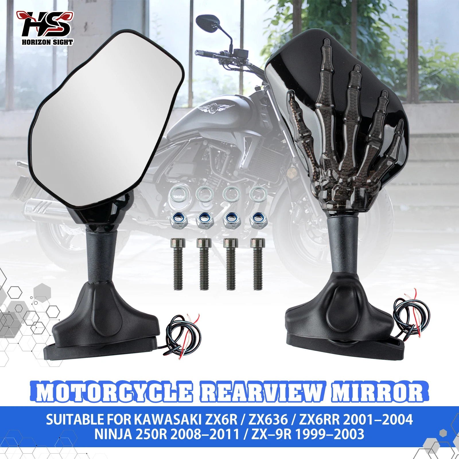 HS Motorcycle Rear View Side Mirrors With Turn Signals LED For Kawasaki ZX6R ZX636 ZX6RR 2001‑2004 Ninja 250R 2008‑2011 ZX‑9R