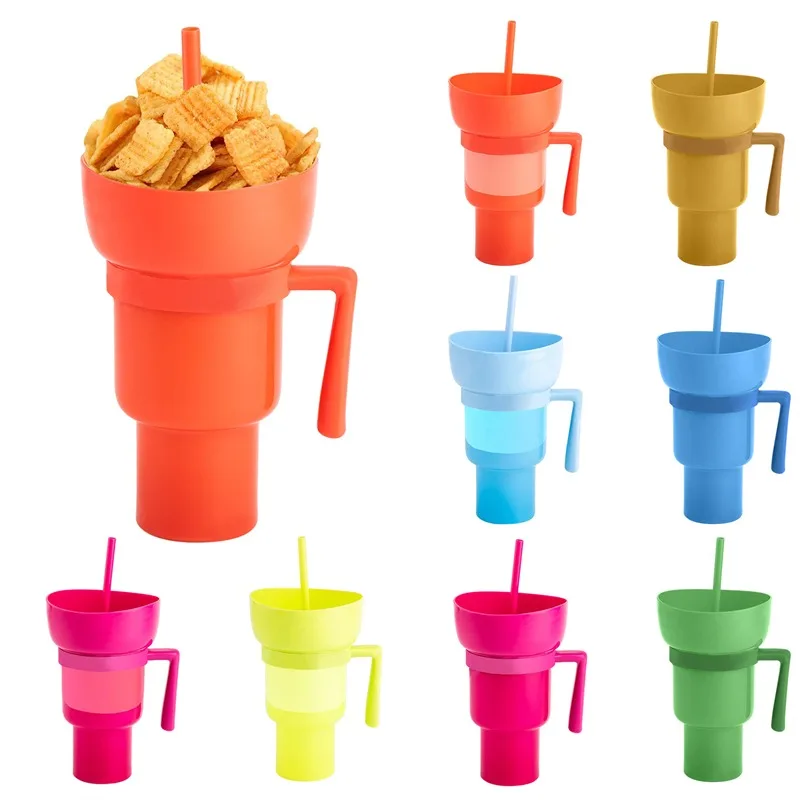 Stadium Tumbler Popcorn Drink Cola Cup 2 In 1 Snackies Cup Portable Splash Snack Bowl Chicken Storage Bowl with Handle Straw Cup