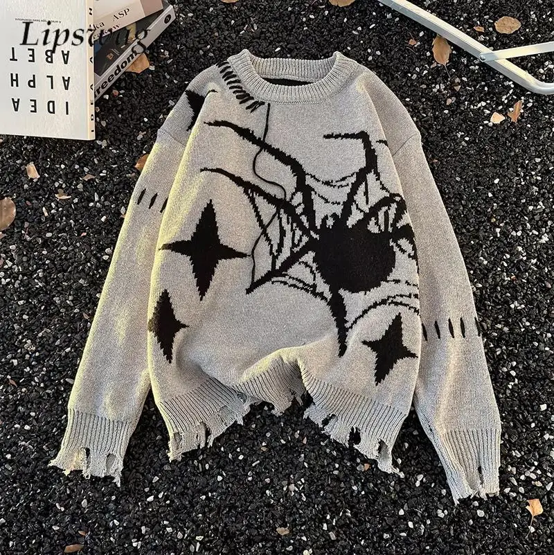 

Y2K мужские свитера вязаный рваный свитер с длинным рукавом и круглым вырезом весна-осень мужская уличная одежда модные вязаные джемперы топы