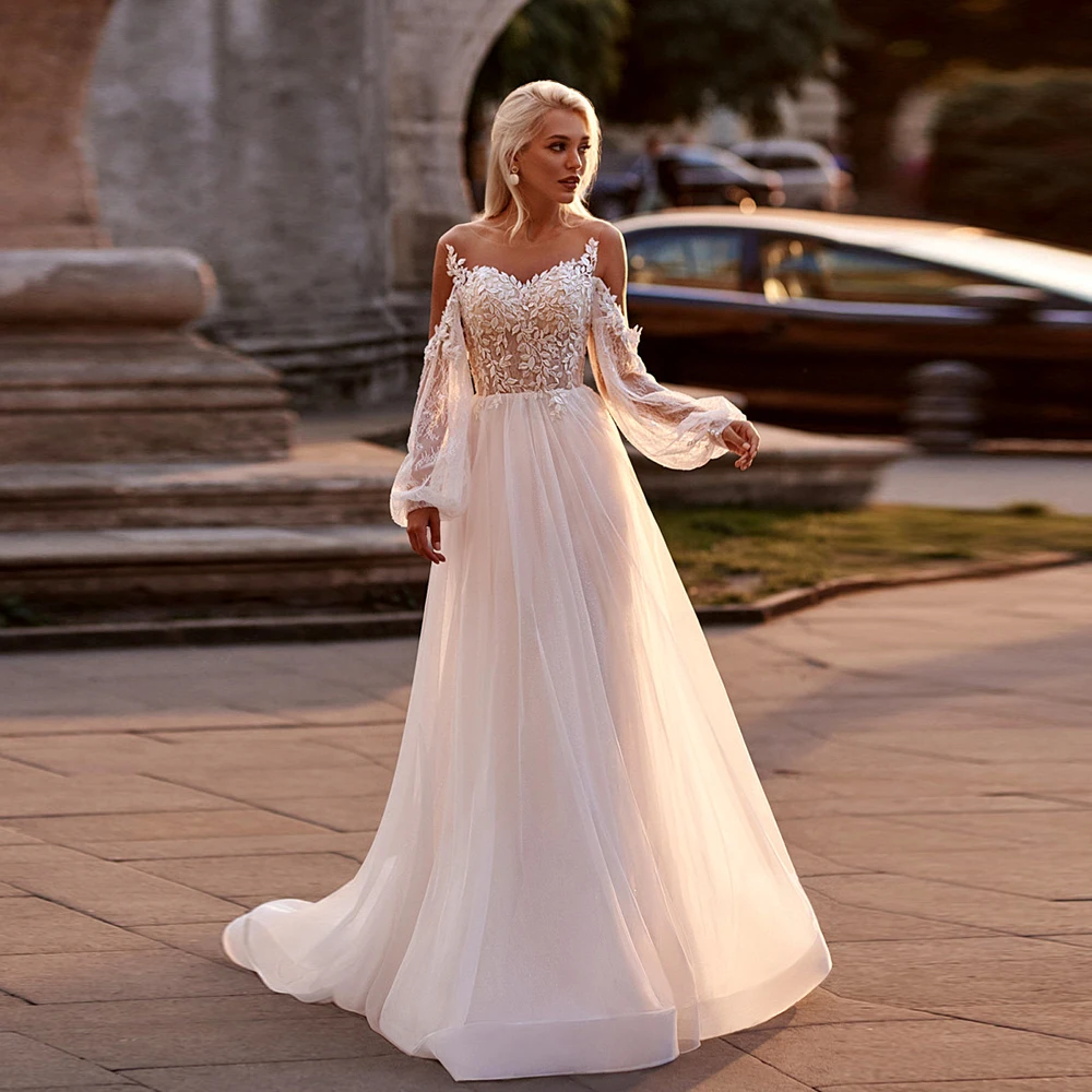 

Simple Ivory Wedding Dresses with Soft Tulle 2025 Summer Full Sleeve Court Train Jersey Bridal Gowns A Line Vestido De Novia