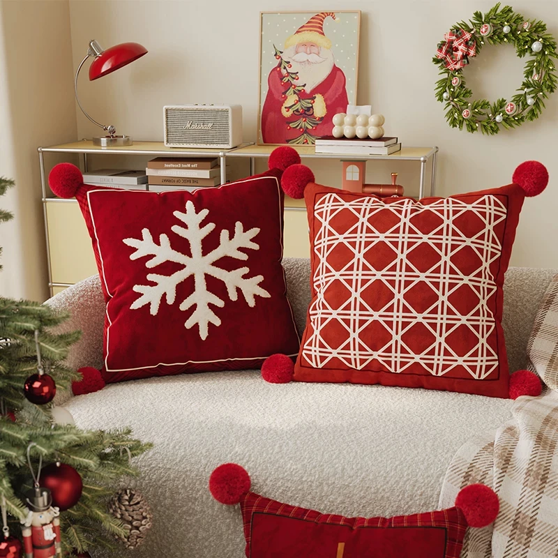 Christmas Red Cushion Cover Decorative Throw Pillow for Living Room Sofa Bay Window Bed Washable Cover