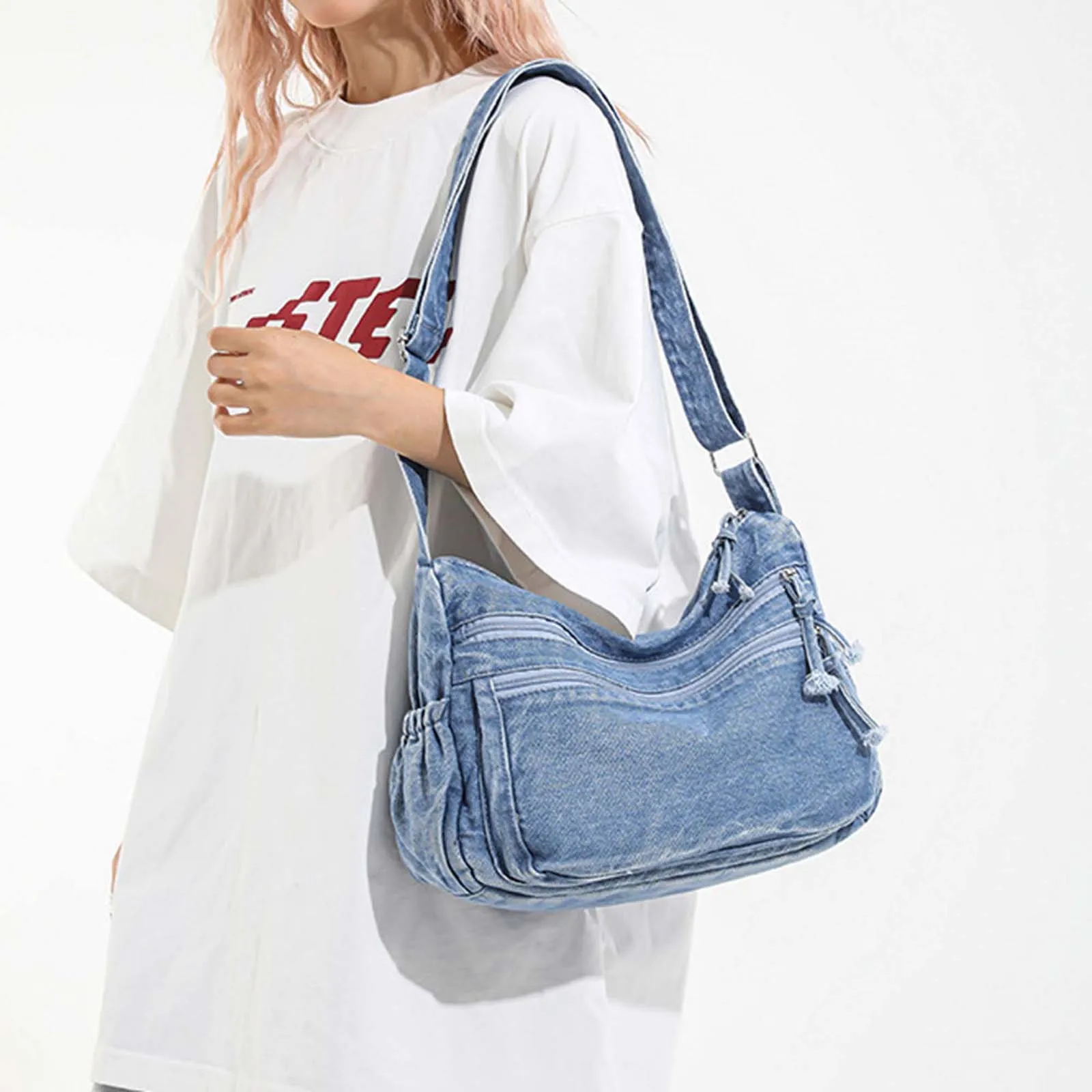 

Женская модная однотонная джинсовая сумка на плечо, сумка на молнии, повседневная большая сумка для работы, повседневные покупки, путешествия
