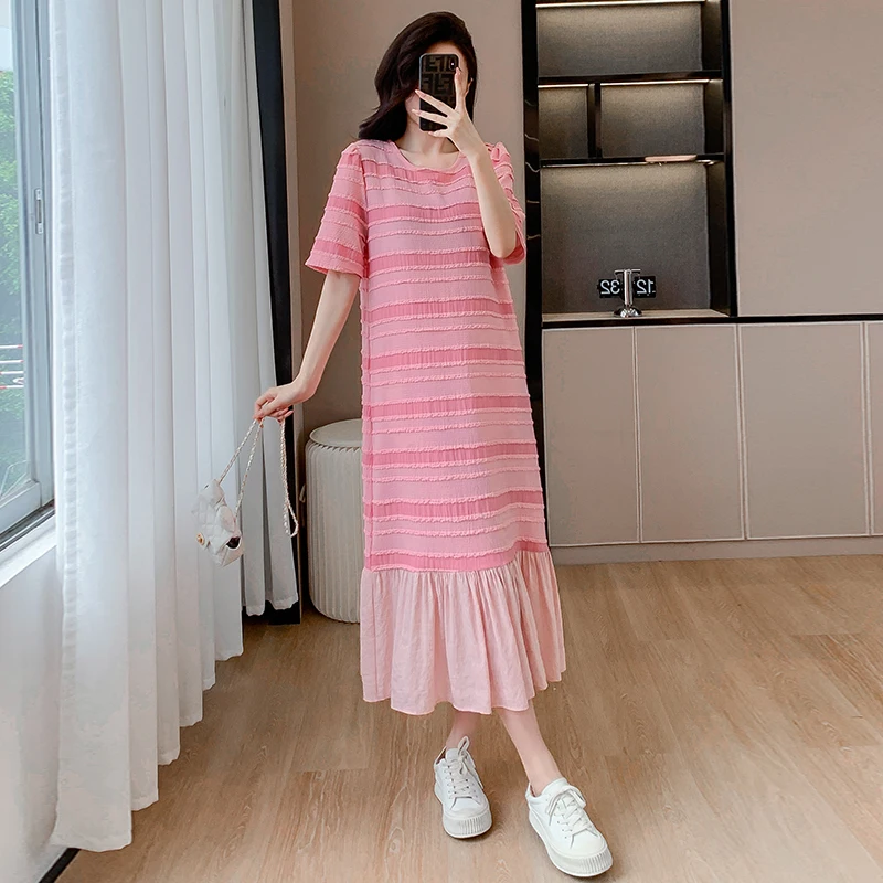 Women Cotton Long T-shirt Dresses Summer Female O Neck Short Sleeve Large Size 2XL Elegant Pink Stripe Ruffles Patchwork Vestido