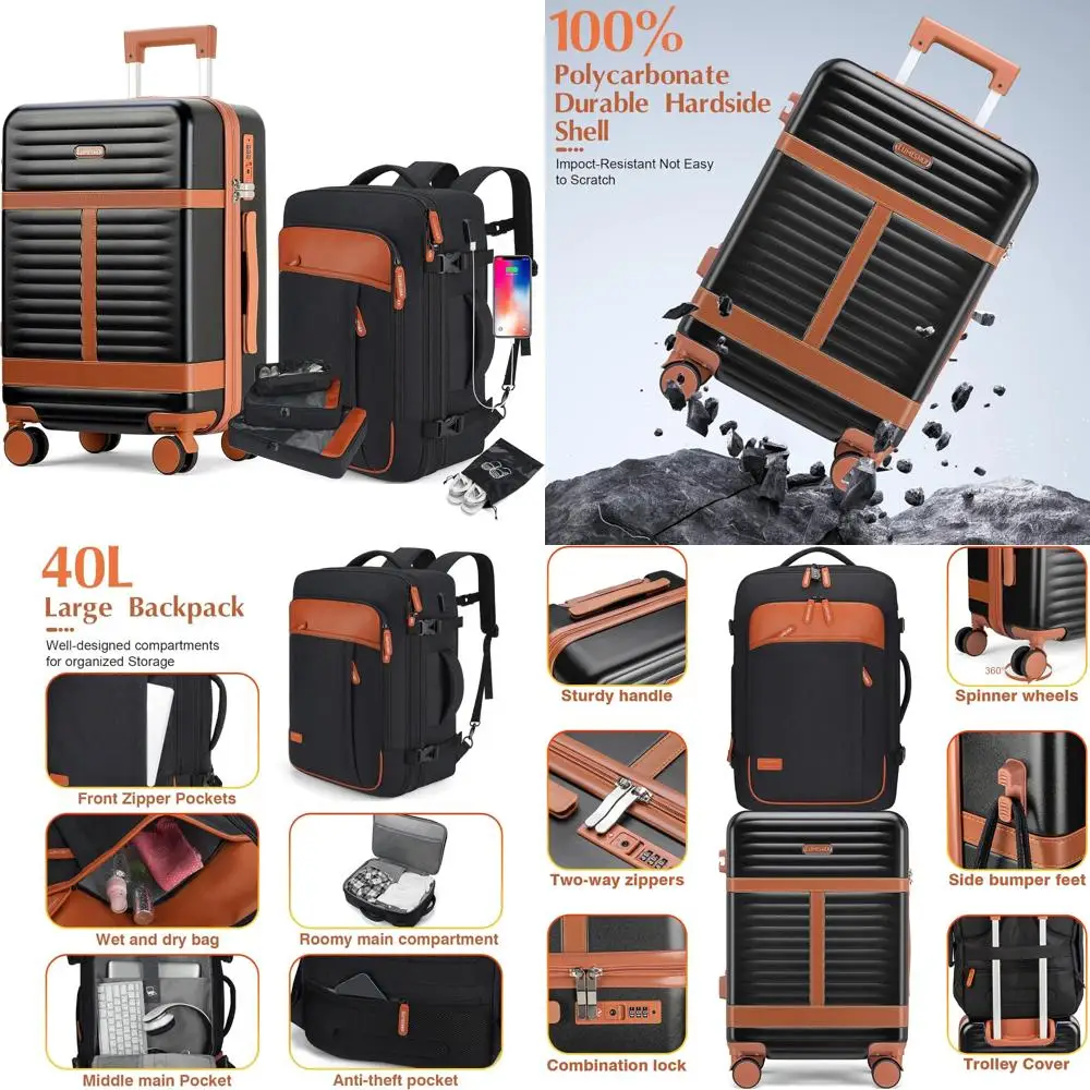 Juego de equipaje de 5 piezas con mochila de viaje, 20 maletas giratorias rígidas de mano, cerradura TSA, PC duradero, negro