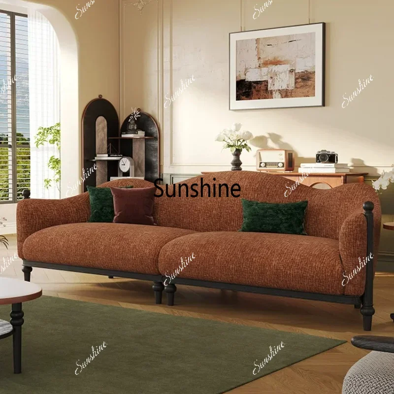 YFrench retro solid wood fabric small apartment living room straight row chenille sofa