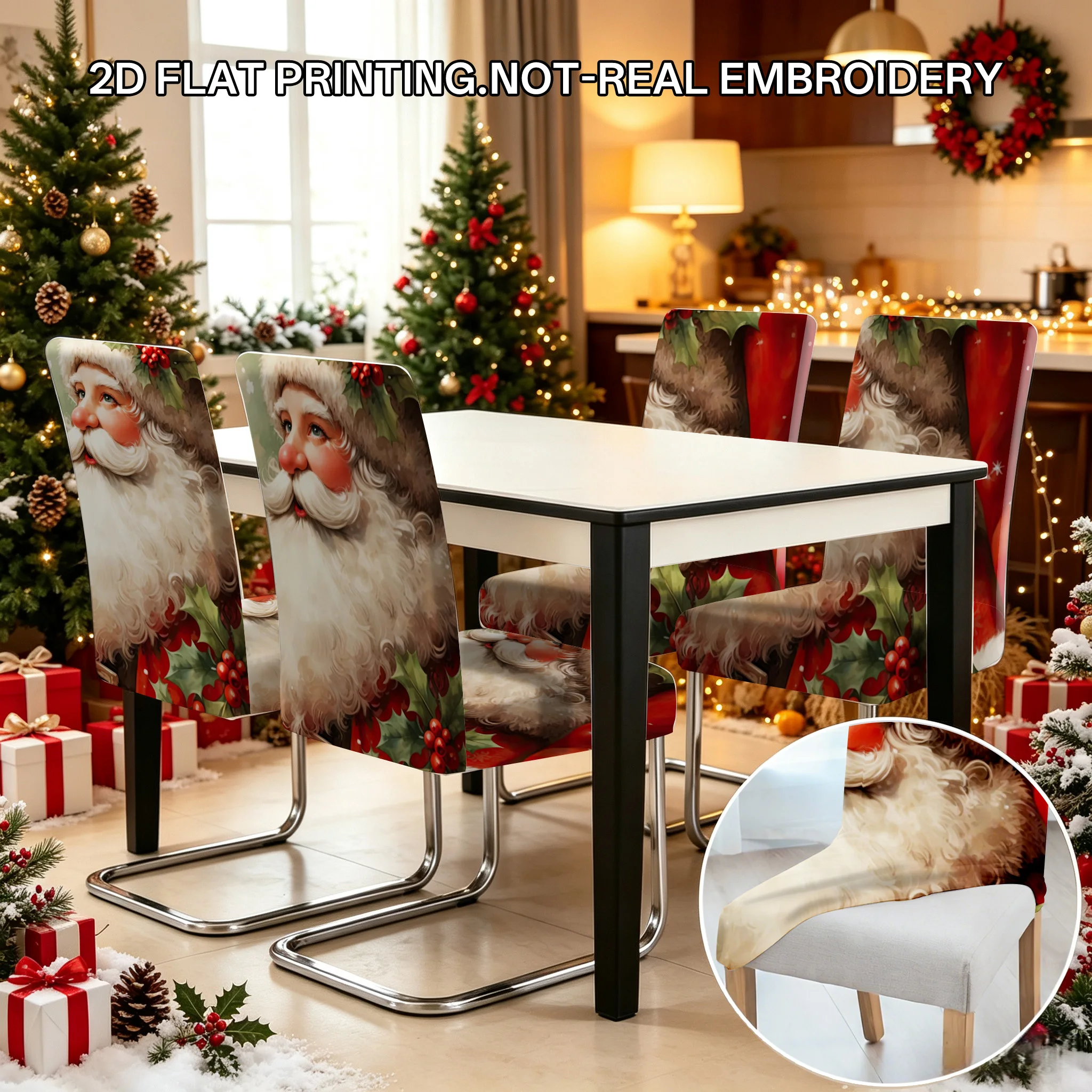2/4/6 PCS Christmas Santa Holly red berry painting elastic dining chair cover, 2D flat pattern Christmas holiday home decoration