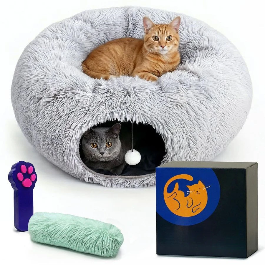 

Плюшевый туннель-лежанка для кошек Donut Tunnel Bed, XL, круглая лежанка-убежище для домашних кошек с игрушками, 3-в-1: складная игровая площадка и уютная пещера-лежанка.
