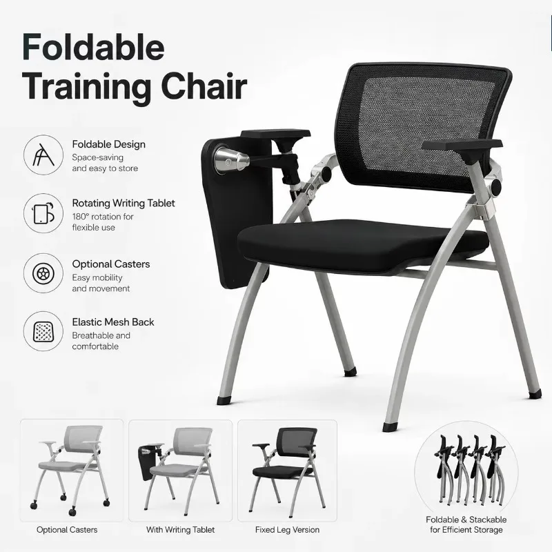Professional Foldable Training Chair with Aluminum Alloy Writing Tablet and Nesting Function for Meeting Room