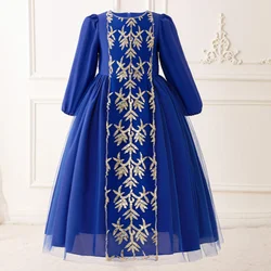 New Muslim Middle East Robe Dress Mesh Spliced Long Sleeved Dress School Party Walk Fashion Bright Blue Dress for 4-7 Years