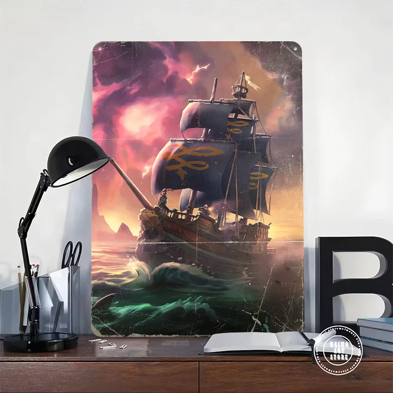 Pirate Ship in a Stormy Sea Poster Customized Vintage Metal Signs Wall Art Retro Tin Plaque for Office Decoration Gaming House