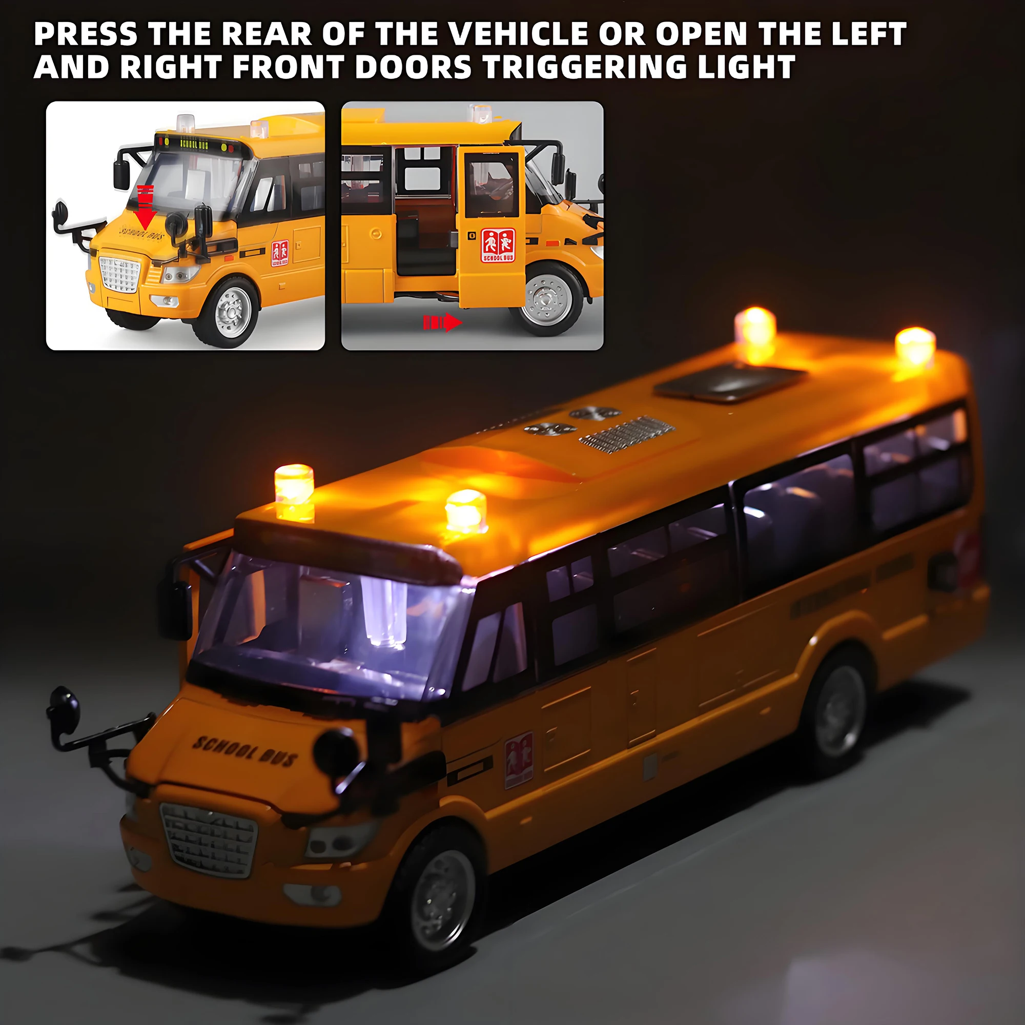 Alloy die-cast yellow school bus model - with simulated sound - lights and open doors for toddlers - toys for children aged 4-8