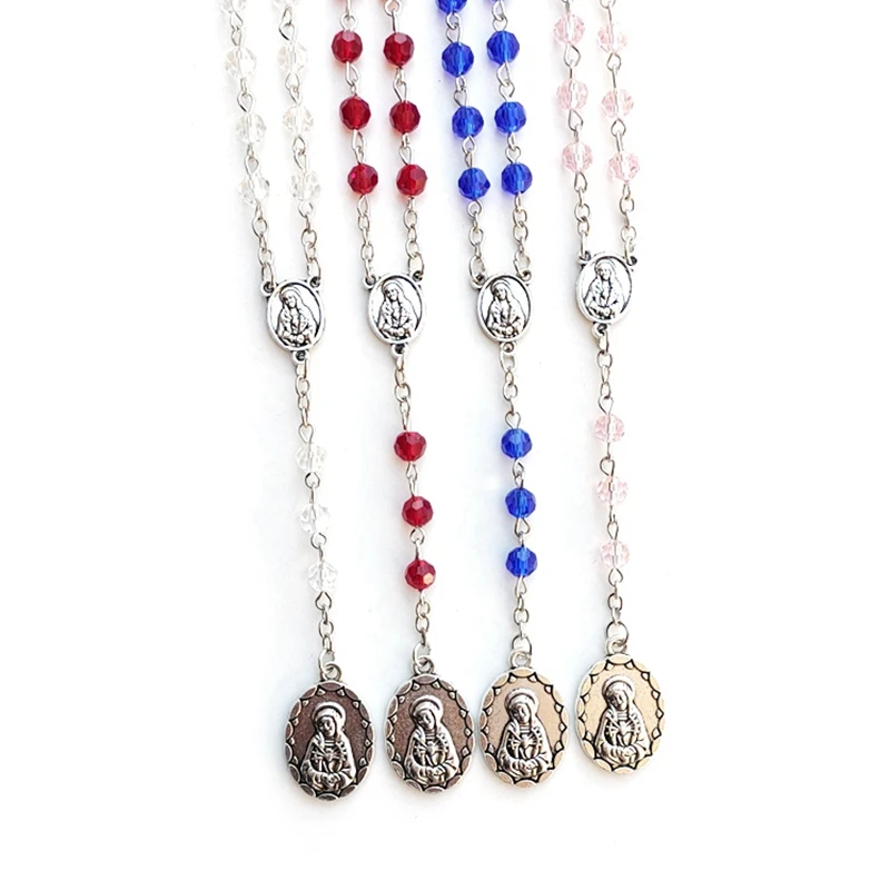 Seven Sorrows Crystal Beaded Rosary Necklace For Women Catholic Pray Pendant  Jewelry Red White Pink Blue