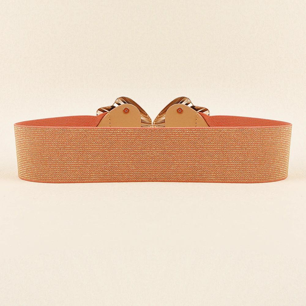 Women's Wide Stretchy  Belt Gold Shell Buckle Head Fashion Retro Shiny Elastic Band Women's Cummerbund
