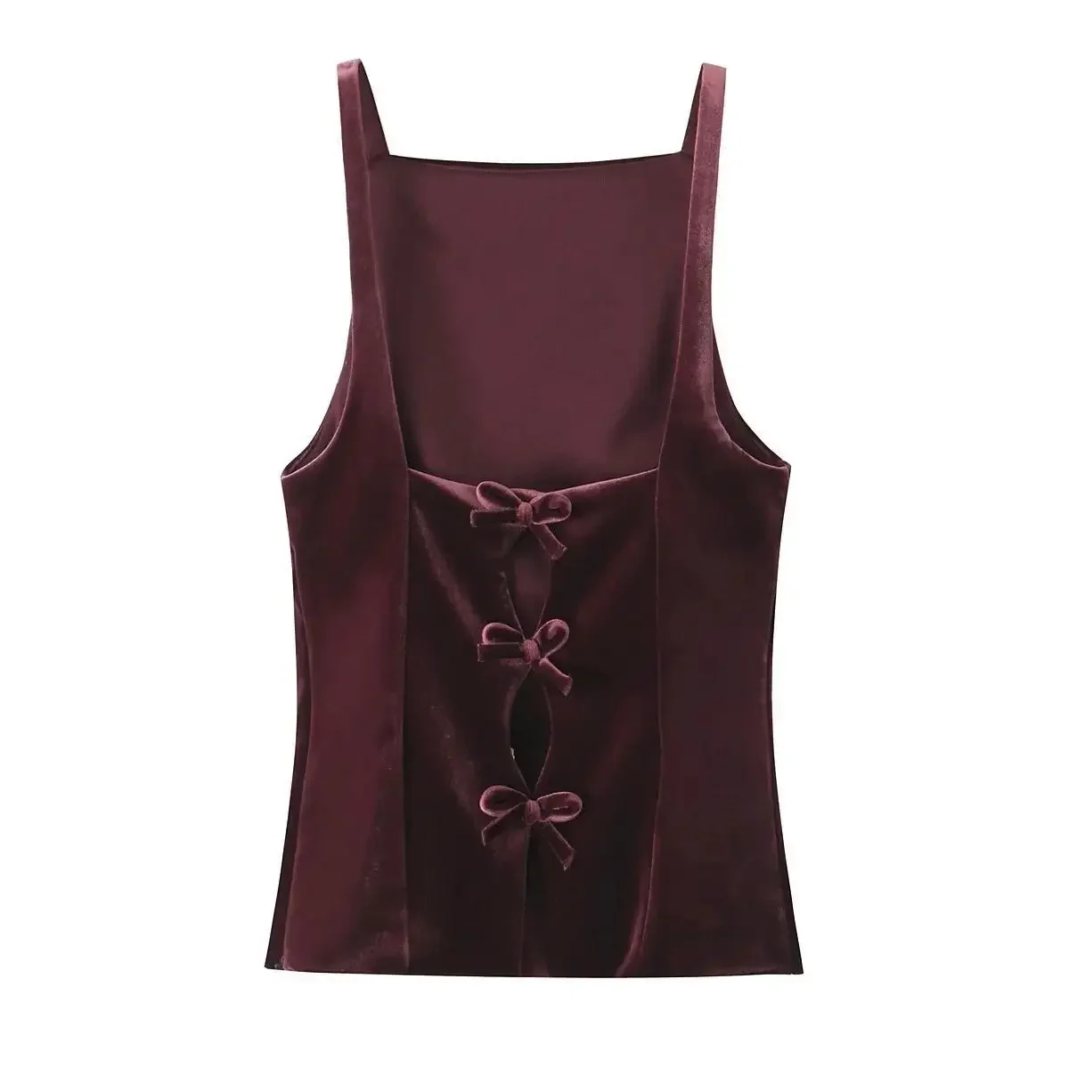 Women Red Velvet Tank Tops Backless Bow Bandage Top