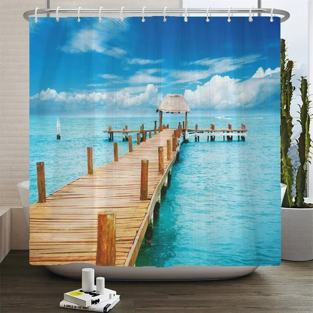 Ocean Beach Seascape and Wooden Pier Print Shower Curtain Waterproof Polyester Bathroom Curtain with 12 Hooks Easy Install for H