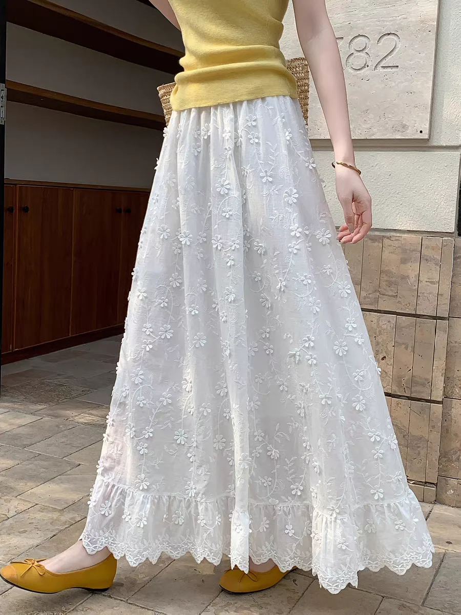 

White Lace Hem Skirt Women Floral Embroidery High Waist Full A-Line Skirts, Flowy Elegant Maxi Length, Boho Party Skirt