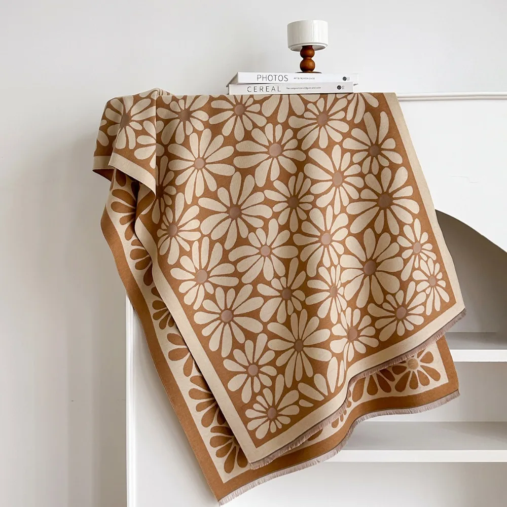 

Elegant Versatile Faux Cashmere Scarf Luxury Windproof Floral Print Shawl Warm Thick Poncho Scarves Winter Season