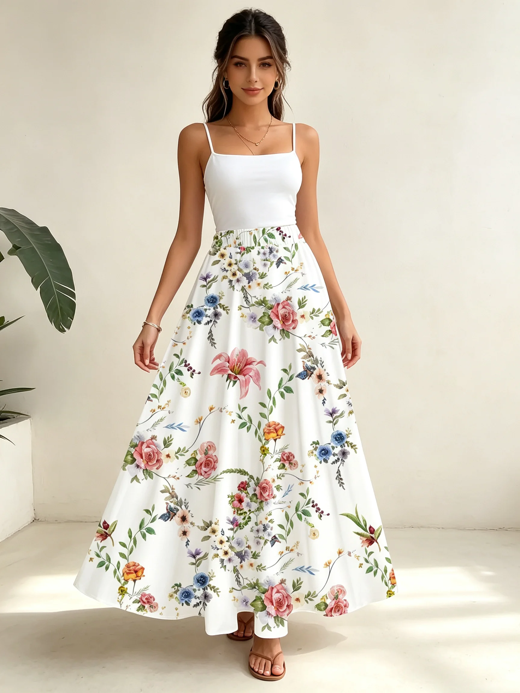 Women's Floral Print Midi Skirt Vacation Style High Waist A Line Summer Casual Skirt for Women Elastic Waist Flowy Skirt
