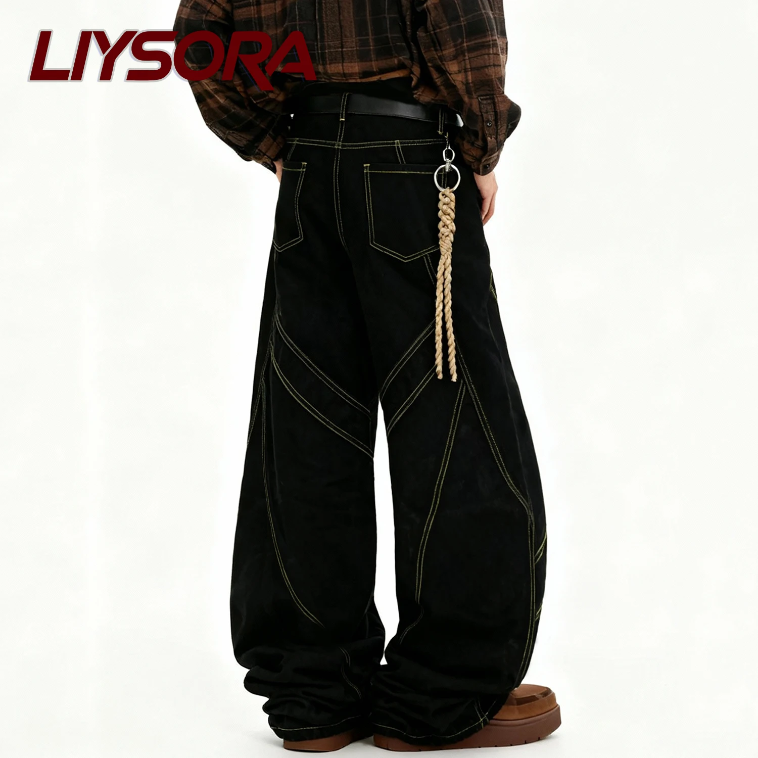 

Korean Retro Street Men's Baggy Wide Leg Jeans Amikaji Style Patchwork Deconstruction Button Hip-Hop Bad Boy Charm Denim Pant