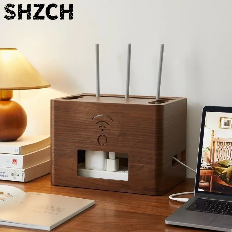 Wooden WiFi Storage Box Power Strip Broadband Modem Router Multifunctional Sorting Cable Box Desktop Router Storage Box ZJ35