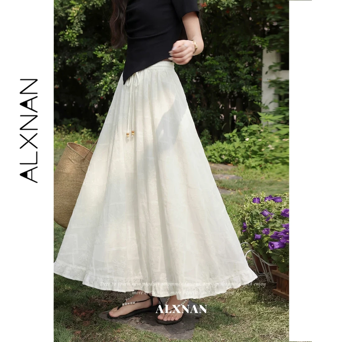 

ALXNAN Off-white Long Skirt High Waist Jacquard Design Elastic Waist Elegant Midi Skirt Cotton 100% Casual Female Skirts L63659A