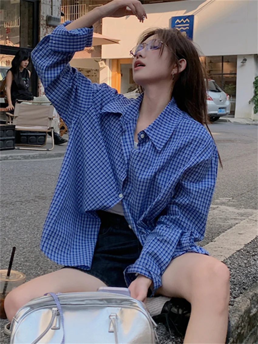 Alien Kitty 2024 Blue Shirts Plaid Chic Women Fashion Slim New Autumn Loose Full Sleeve Casual All Match High Street Work Wear