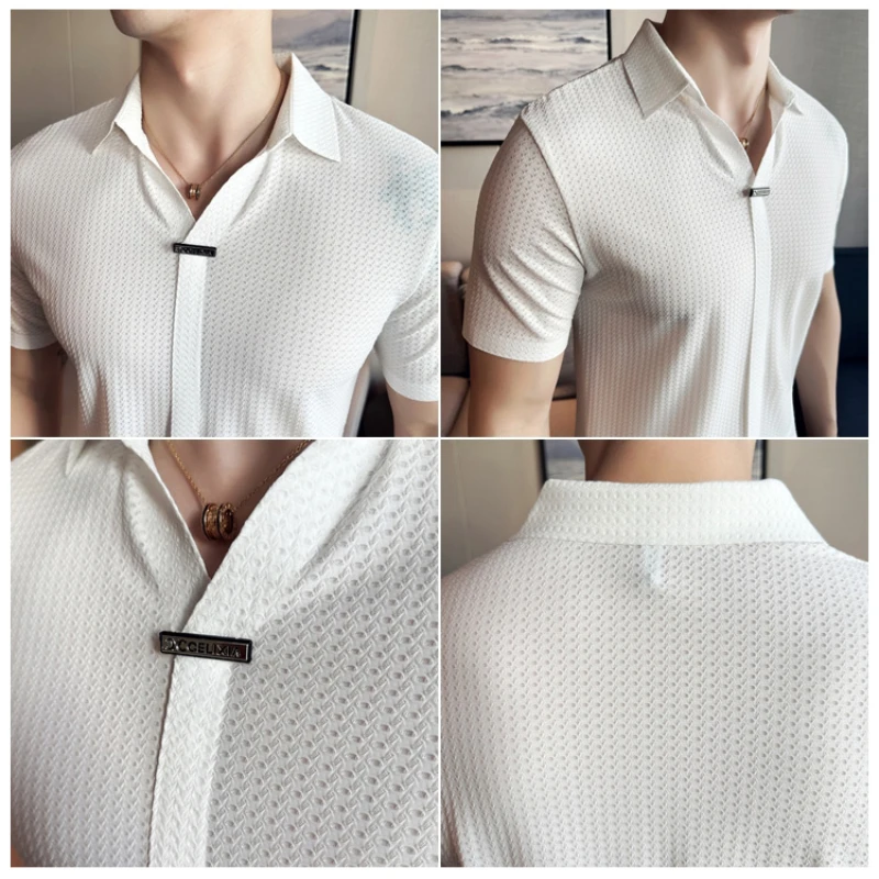 High-Grade Ice Silk Seamless Adhesive Polo Shirt, High-Elastic V-neck Thin Waffle Short-Sleeved Golf Shirt, T-shirt