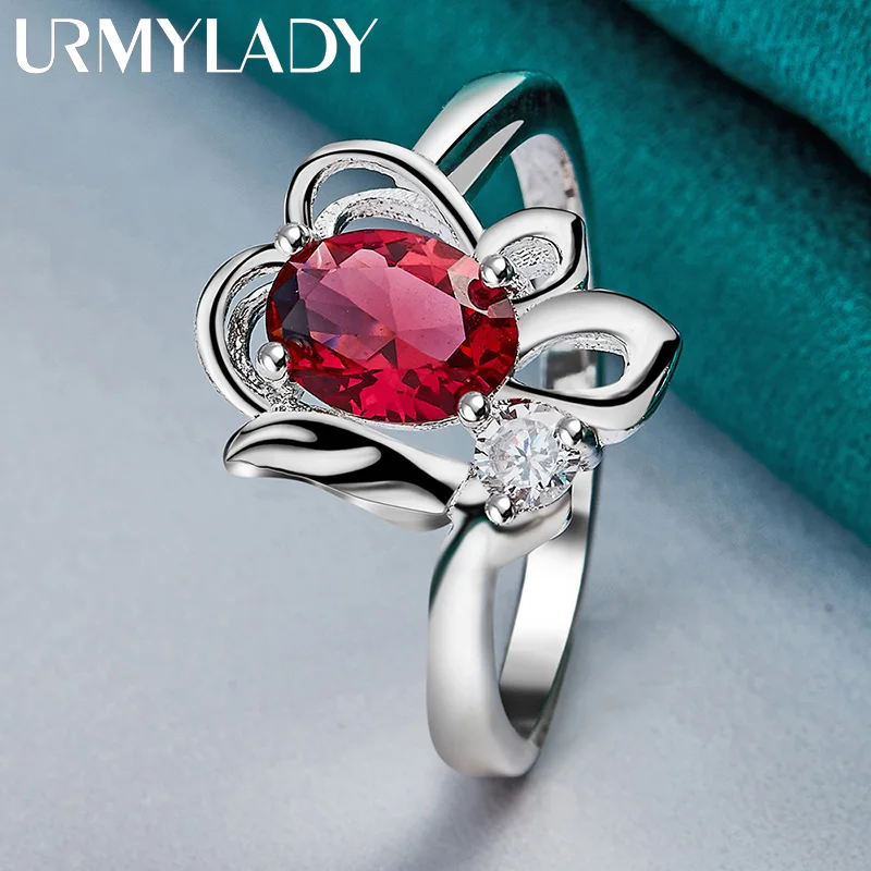 Women's 925 Sterling Silver Flower Ruby Engagement Ring
