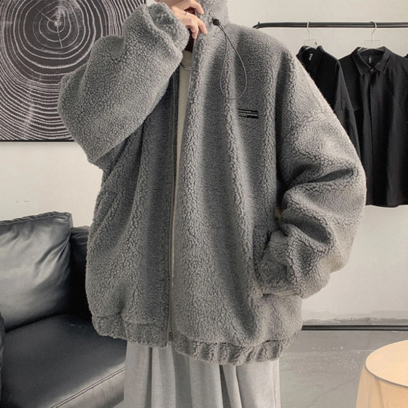 Winter Warm Lamb Fur Men Long Sleeve Sweatshirts Pocket Fashion All-match Simple Oversized Couple Clothing Coat Black Gray Blue