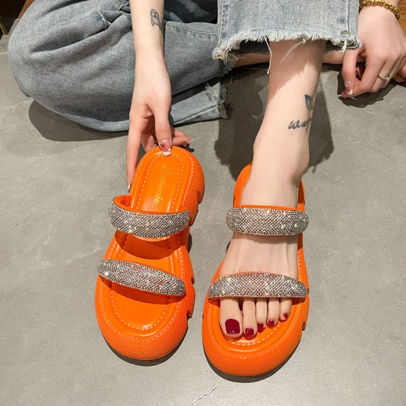 2024 Summer Fashion Rhinestone Sandals Candy Colour Thick Bottom Big Size Slippers Soft Bottom Beach Slippers Sandalias De Mujer