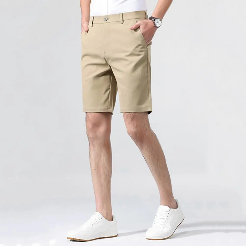 Regular Fit Men Shorts Men's Solid Color Casual Suit Shorts with Pockets Elastic Waistband Breathable Fabric for Daily for A